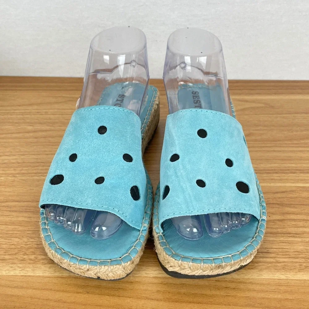 Sesto Meucci Turquoise Suede Espadrille Slide Sandals Womens 8 Laser Cut Coastal - Picture 2 of 9